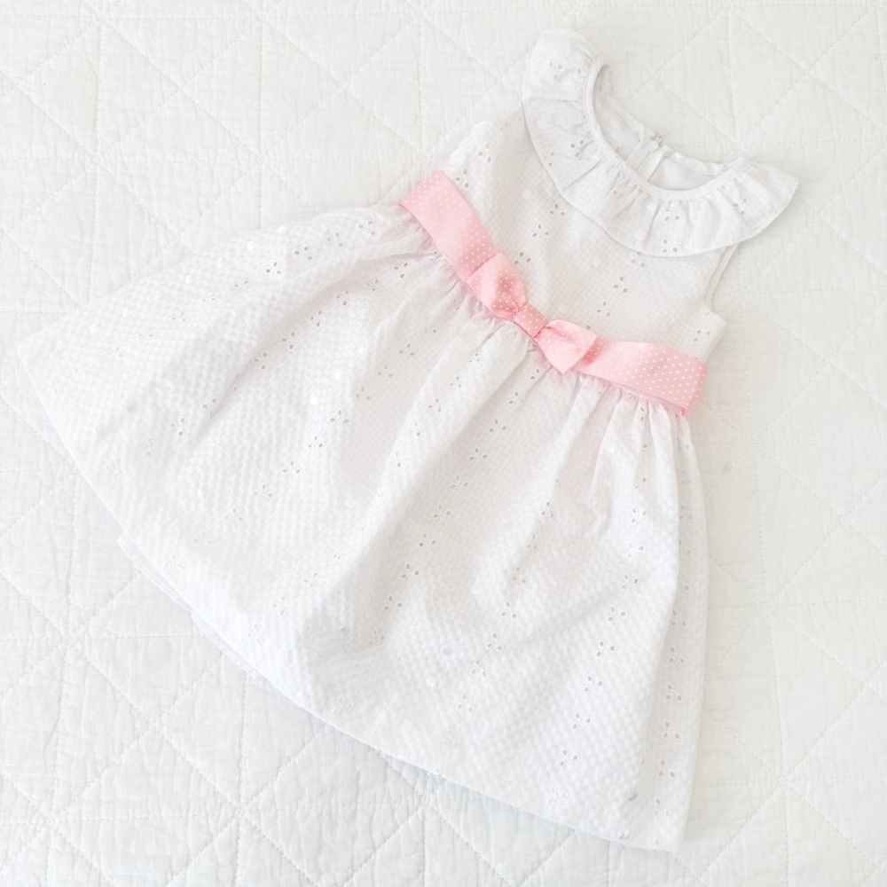 3T Bonnie Jean Kids White Eyelet Dress Pink White Polka Dot Bow